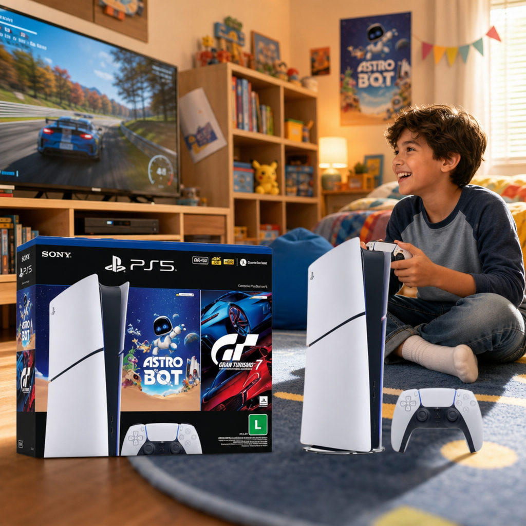 Console PlayStation 5 Slim Digital com os jogos Astro Bot e Gran Turismo 7
